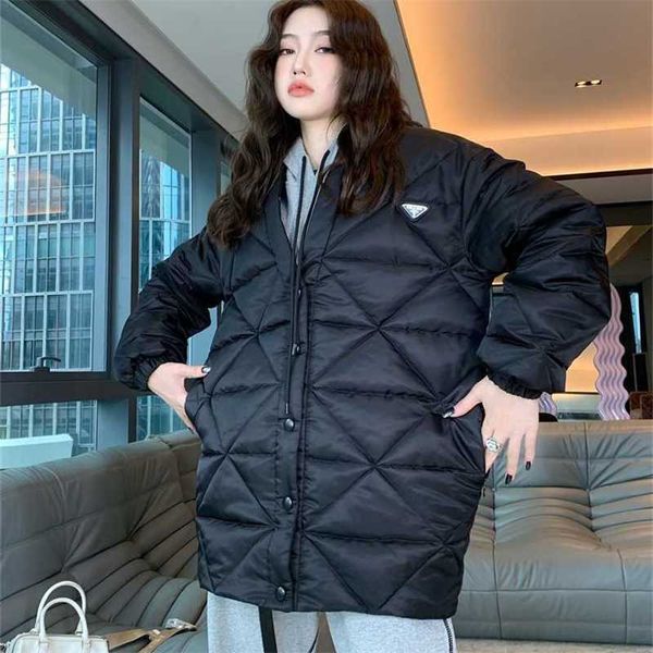 

20% off family autumn winter new nylon triangle label diamond grid filled full warm casual and versatile cotton coat, Black