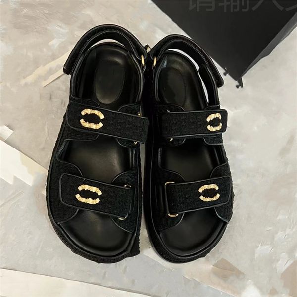 

fashion women's sandals 2023 channel luxury brand letter logo summer women's high heels men's casual student flats 08-023, Black