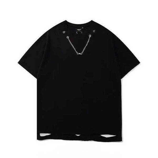 

20% off trendy hip-hop personality solid color with chain half sleeve t-shirt street hem hole loose round neck short sleeved men, White;black