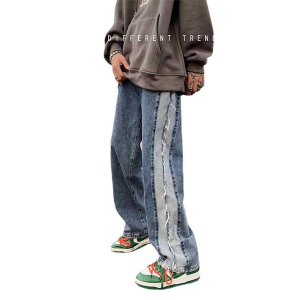 

pants vibe pants 2022 high street fashion brand designer raw striped men's straight hiphop overalls streetwear boyfriend jeans, Black