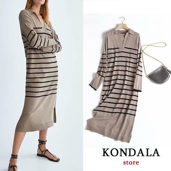 

dresses kondala 2022 office lady knitted sweater dress women long sleeve v neck vintage striped casual female dress fashion autumn dress, Black;gray
