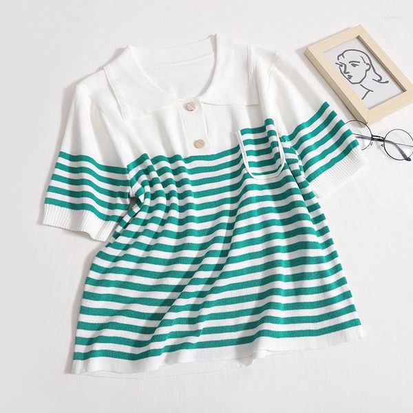 

Women's Sweaters Korejepo Loose Fit Comfortable Blouse 2023 Summer Fashion Contrast Stripe Lapel Tops Short Sleeve Versatile Slim T-shirt, Black