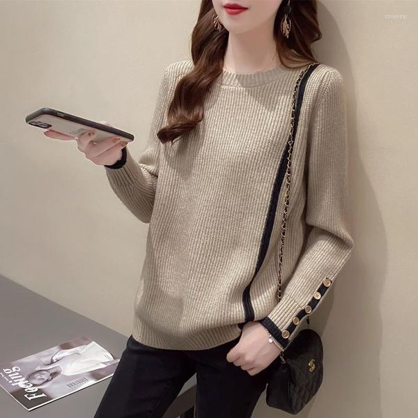 

Women's Sweaters Color Blocking Round Neck Loose Casual Lady Sweater 2023 Women Autumn Korean Buttons Comfortable Knitting Bottoming Shirt, Black