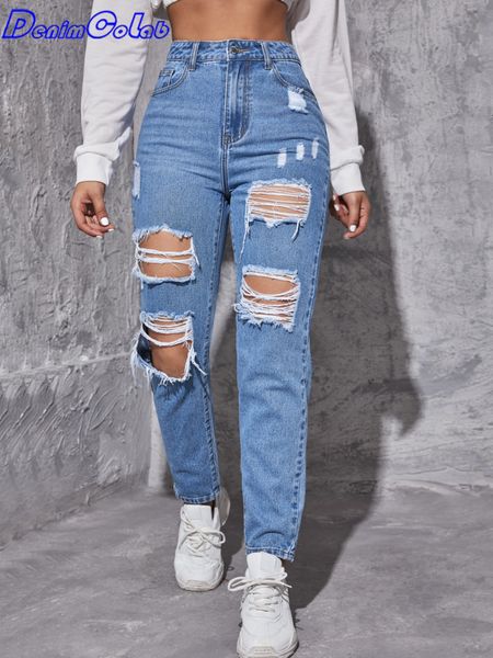 

women's jeans denimcolab high waist ripped woman fashion hole wash cotton denim pant ladies streetwear straight 230422, Blue