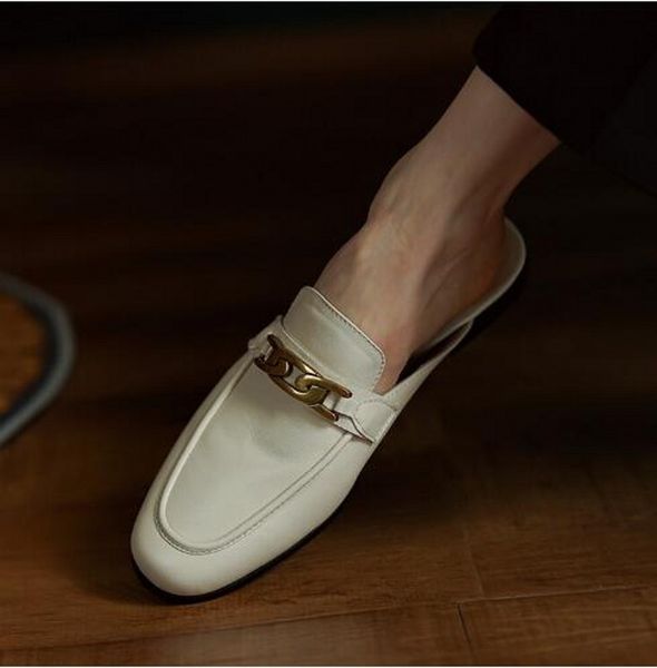

fashion muller shoes women cover toe half slippers cow leather metal buckle low heel slides summer flats shoes, Black