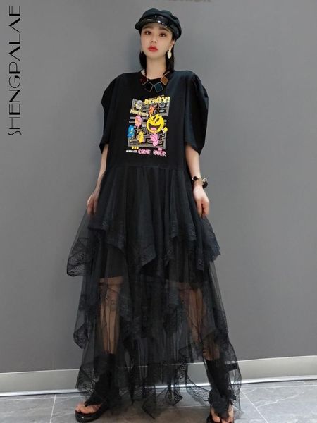 

dresses shengpalae fashion mesh black slim tshirt dress for women wear black irregular tide girl vestido 2023 spring new clothes 5r1947, Black;gray