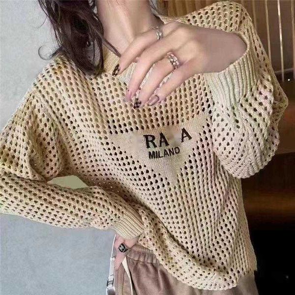 

knits women's knitwear brand designer models inverted triangle embroidery round neck thin section hollow hundred matching women, White