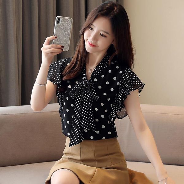 

t-shirt blusas mujer de moda 2021 women's and blouses vneck polka dot bow sleeveless chiffon blouse women blouse women 4719, White