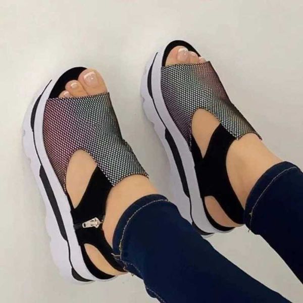 

sandals 2022 summer fashion peep toe shoes of women wedge platform sandalias women plus size height increase casual beach ladies sandals j23, Black