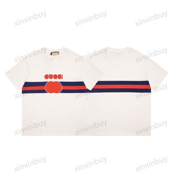 

xinxinbuy men designer tee t shirt 23ss paris red stripe pattern print short sleeve cotton women black beige green apricot xs-l193p, Black;brown