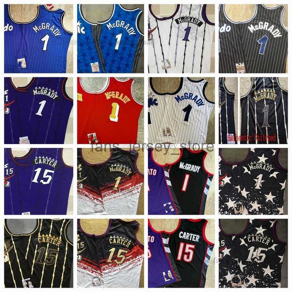 

mitchell&ness real stitched retro basketball jerseys authentic embroidery #1 tracy #15 vince mcgrady carter white blue black red jersey