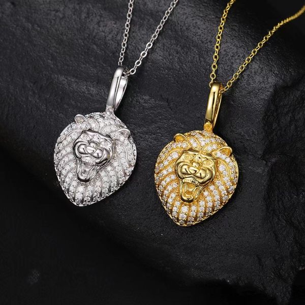 

european and american lion head 925 silver inlaid moissanite solid pendant hip hop men and women personality necklace collarbone chain