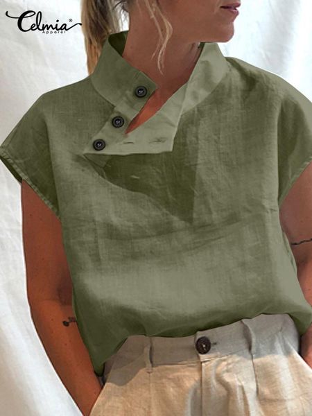 

t-shirt celmia stylish cotton 2023 summer short sleeve women blouses fashion ladies button solid shirts casual loose blusas chemise, White