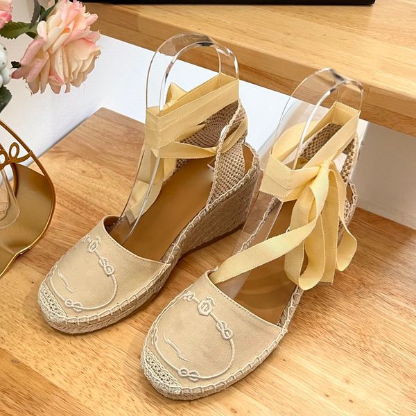 

linen embroidered espadrilles wedges sandals platform pumps heels circular toe women's luxury designers leather outsole sand casual sho, Black