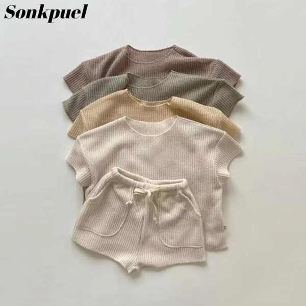 

clothing sets 2pcs summer boys girls solid color soft loose short sleeve drawstring shorts waffle outfits children knitted suits 230422, White