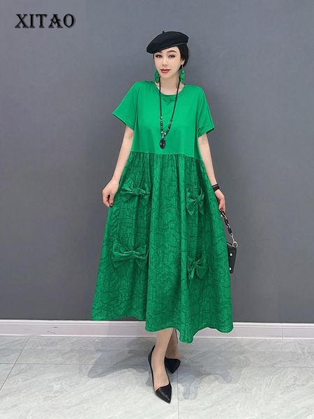 

dresses xitao bow splicing women tshirt dress loose fashion simplicity casual women summer new solid color splicing dress wld16132, Black;gray