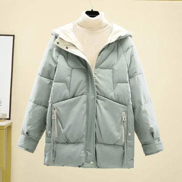 

leather women's parka 2022 new winter jackets loose thick warm long sleeve zipper cotton padded jacket splicing hooded coats female, Black
