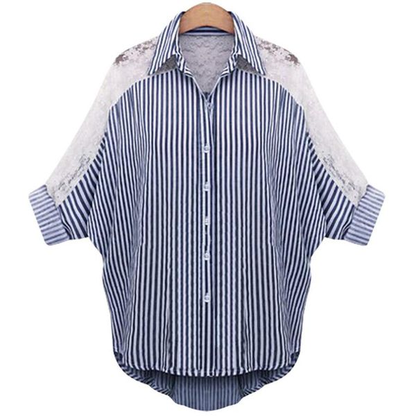 

t-shirt plus size xxxxxxl 6xll 2021 womans striped shirts turndown collar lace three quarter hollow out cotton blouses 77927a, Black
