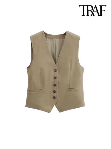 

vests traf women fashion front buttons office wear linen waistcoat vintage v neck sleeveless female outerwear chic, Black;white