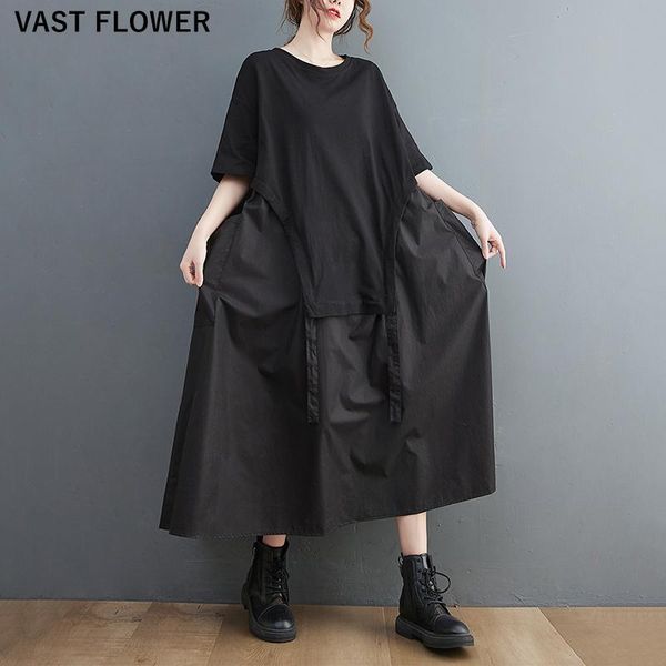 

dresses black vintage patchwork drawstring long dresses for women summer short sleeve loose casual dress fashion elegant clothing 2022, Black;gray