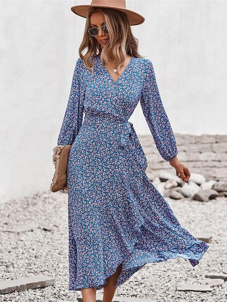 

dresses spring autumn long bandage print dress for women 2022 new v neck full sleeve hight waist winter maxi dresses ladies elegant, Black;gray