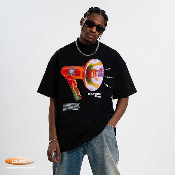 

men and women t-shirtslawfoo spring/summer china-chic brand american horn print half high collar loose fit couple t-shirt fashion, White;black