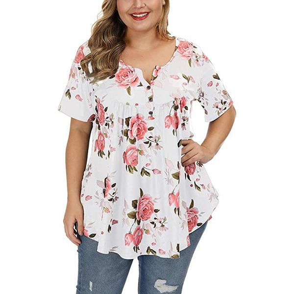 

t-shirt women's short sleeve spring summer new vneck buttons casual elegant vintage loose plus size floral printed tshirts, Black