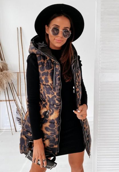 

vests womens sleeveless jacket vest winter fashion leopard print hooded waistcoat casual streetwear slim long jacket coat plus size, Black;white