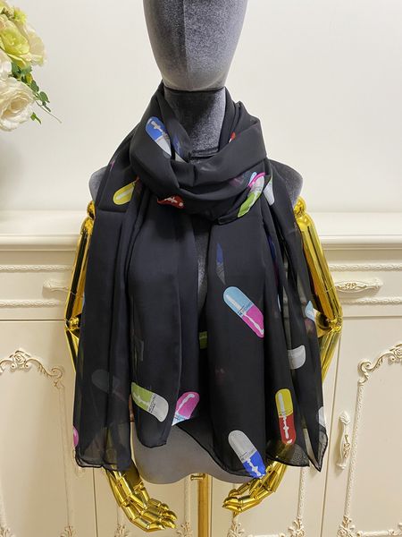 

women's long scarf scarves shawl 100% silk material black pint letters pattern big size 190cm - 100cm, Blue;gray