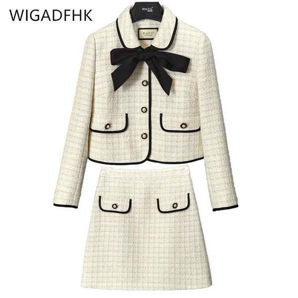 

dress highquality small fragrant tweed suit female autumn western style bow tie short jacket + aline skirt elegant twopiece suit, White