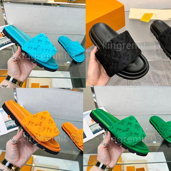

2023 pool pillow comfort flat sandals designer slippers smooth calfskin slipper women rubber slides hook loop mules slipper, Black