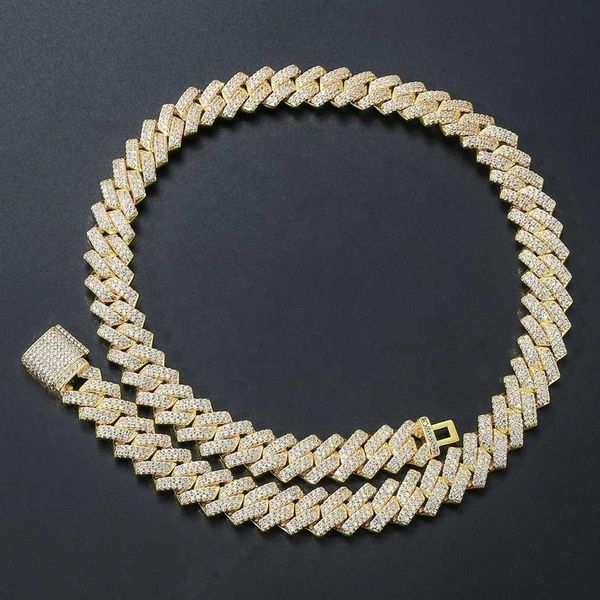 

new hiphop jewelry 14mm 18k gold plated iced out prong link chain diamond miami cuban necklace for men women2418, Silver