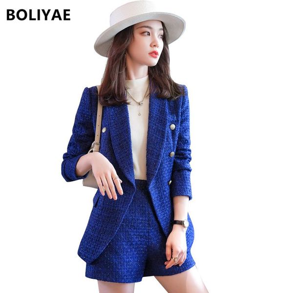 

dress boliyae suit with shorts for women spring and autumn new plaid tweed long sleeve blazer sets fashion double breasted jacket, White