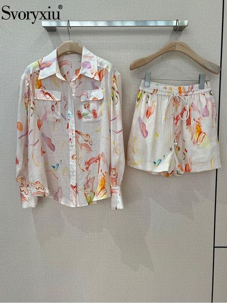 

dress svoryxiu designer runway summer woman vacation casual print linen shorts suit fashion turndown collar + drawstring shorts, White