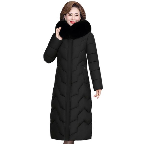 

leather 2022 new winter middleaged women long jacket hooded thick warm fur collar cotton padded coat women's winter parka overcoat, Black
