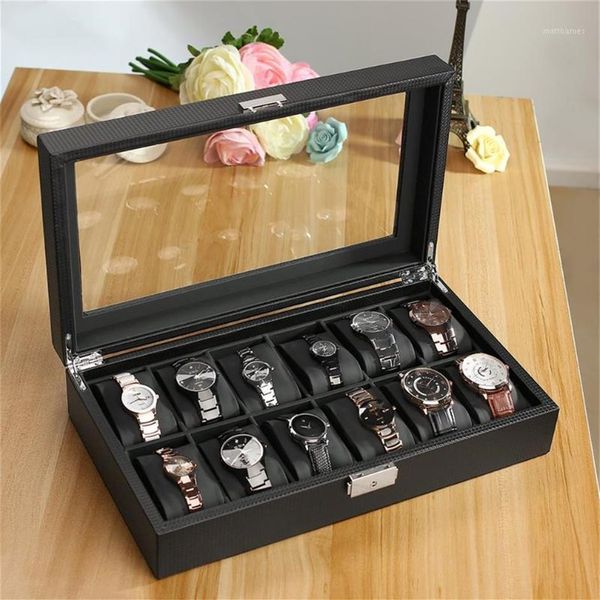 

leatherette 12 slot carbon watch box fiber design jewelry display storage holder winder black large watchs box saat kutusu1248b, Black;blue