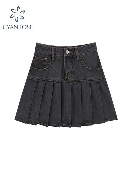 

dresses women's denim pleated skirt solid casual fashion vintage korean high waist mini skirt with lined club party girl 2022 spring, Black;gray