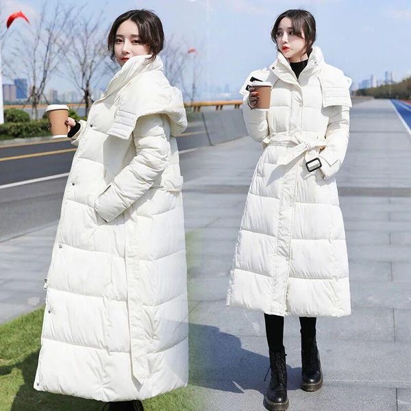 

leather orwindny xlong coat women winter hooded sashes slim jackets cotton padded warm parkas 3xl snow wear clothes, Black