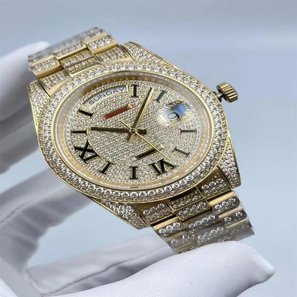 

full diamond men's 41mm fashion watch automatic mechanical movement double calendar diamond wristwatch montre de luxe267o, Slivery;brown