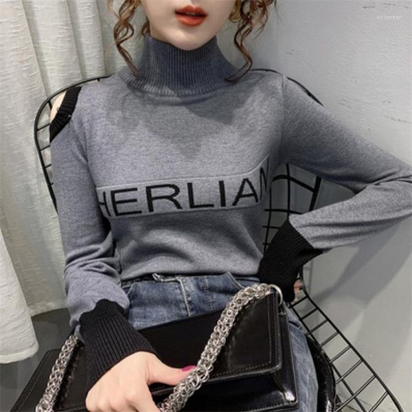 

Women's Sweaters Fashion Sweater Women Off Shoulder Botonm Shirt Female Knitted Tops Turtleneck Colorblocking Pullover Keep Warm Streetwear, Black