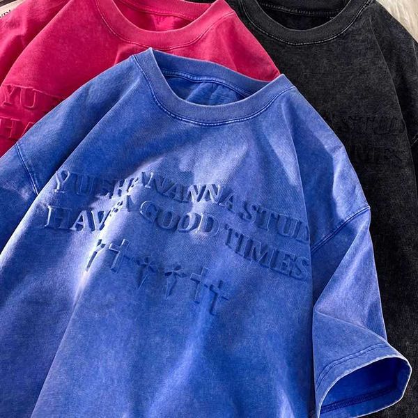 

second change washed old fashion brand short sleeve t-shirt men's american oversize half sleeve, White;black