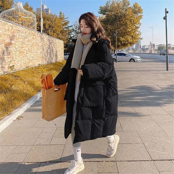 

leather oversize techwear korean long hooded jacket vintage y2k winter women heavy coats street casual solid warm female clothes parkas, Black