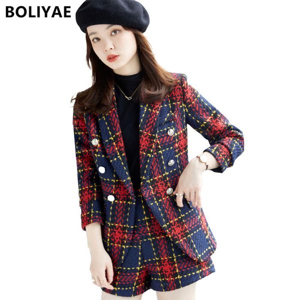 

dress boliyae suit with shorts for women's spring and autumn plaid tweed long sleeve blazer sets fashion double breasted jacket, White