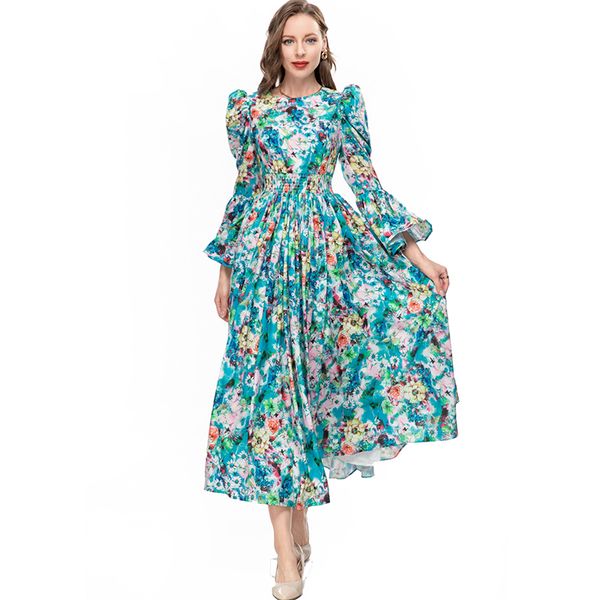 

women's runway dresses long sleeves flare sleeves printed floral elastic waist elegant party vestidos, Black