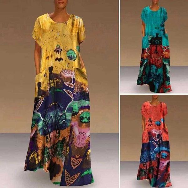 

short sleeve large swing dress round neck digital printed wholesale, Black;gray