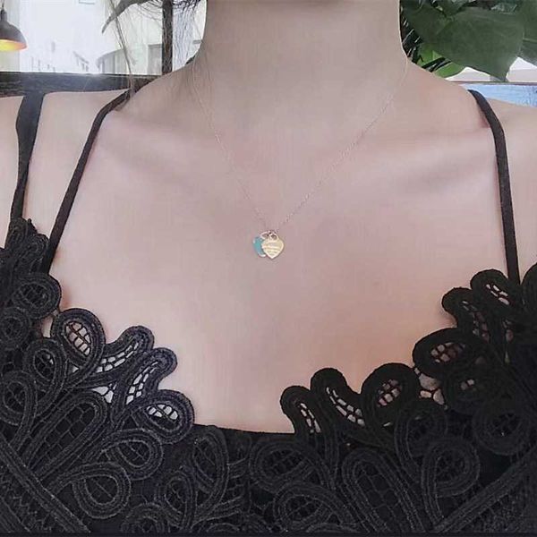 

designertwo heart necklace enamel heart-shaped clavicle chain 925 sterling silver love necklace pendant gift female, Black