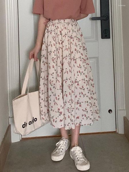 

Skirts Vintage Floral Print A-line Pleated Long Summer Women 2023 Korean Skirt Streetwear Drawstring Elastic Waist Midi, Black
