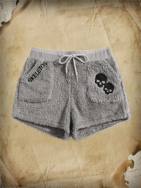 

women's shorts goth punk grunge skeleton skull embroidery teddy short summer y2k clothes high street style fleece streetwear 2023 23042, White;black