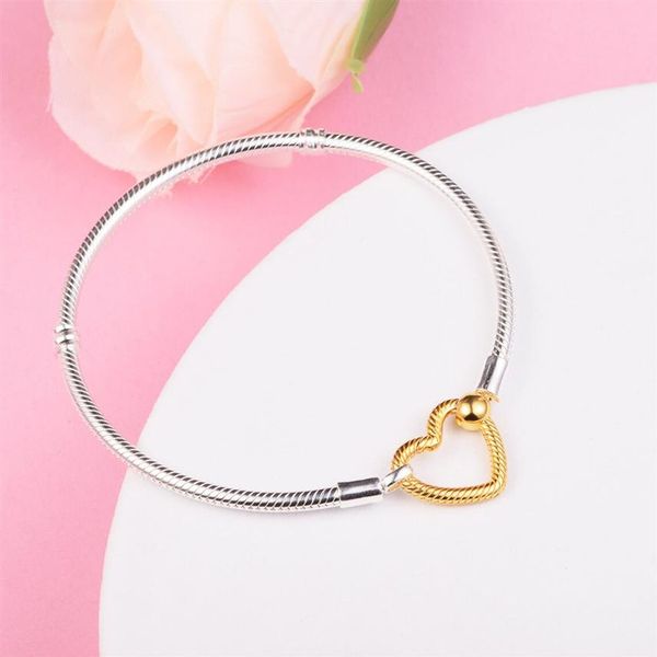

925 sterling silver heart closure snake chain bracelet fits for european pandora charms and beads280z, Golden;silver
