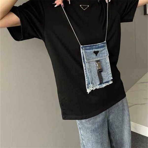 

22% off summer new casual round neck short sleeve family triangle label denim wash button bag decoration t-shirt women, White